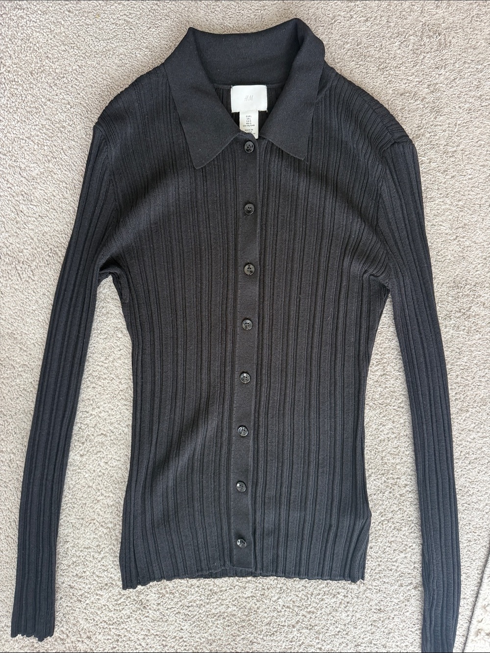 H&M Black Ribbed Button-Front Polo Cardigan